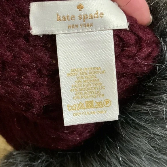 kate spade Maroon Knit Scarf with Gray Faux Fur Trim - Picture 5 of 5